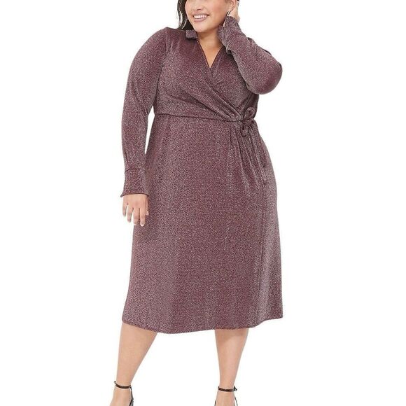 Lane Bryant Lurex Faux-Wrap Collar Midi Dress Deep Cranberry Size 30/32 NWT - Picture 1 of 11